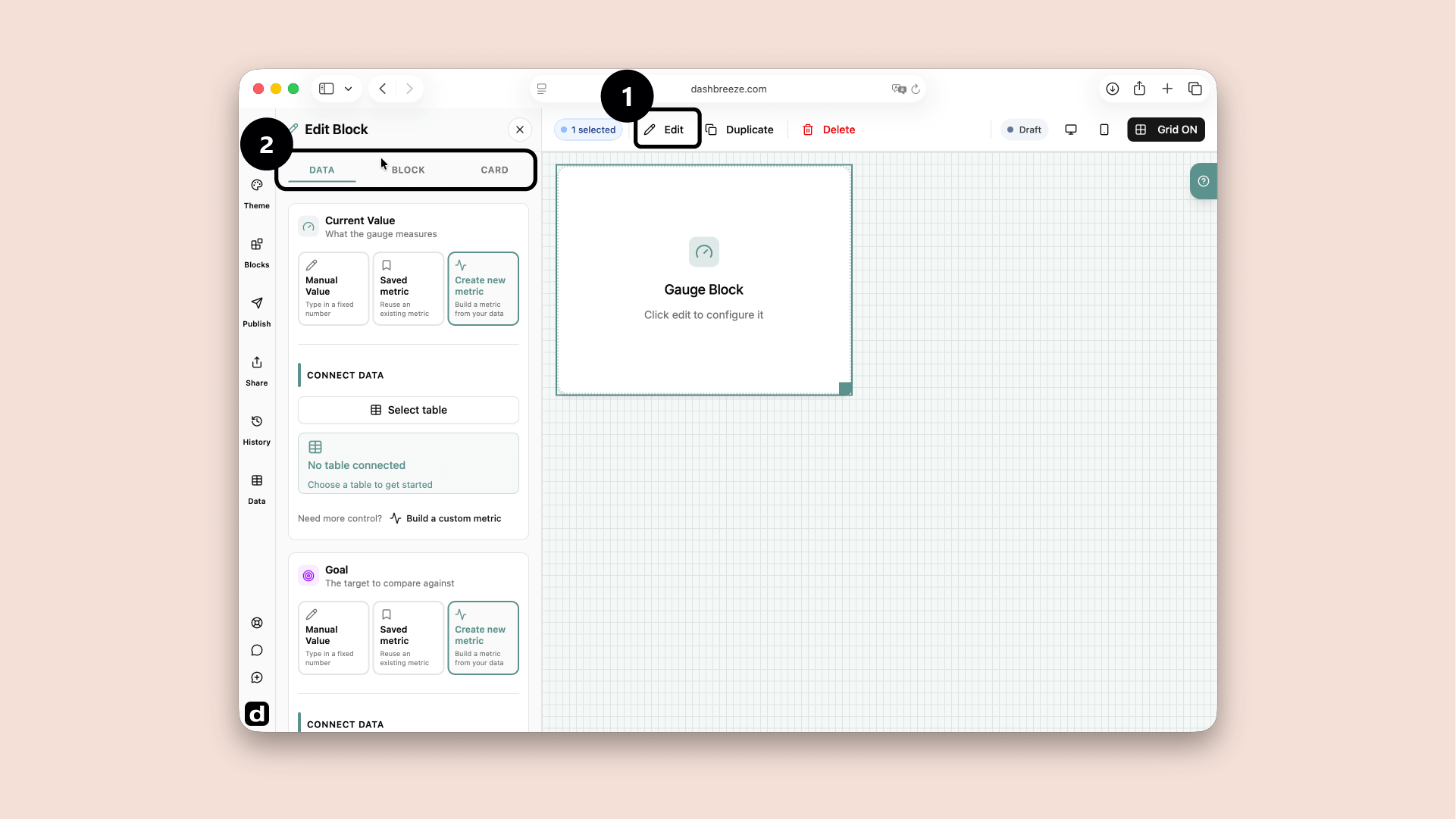 A Gauge block selected in the dashboard editor, with the Edit button and the Data, Block, Card tabs highlighted