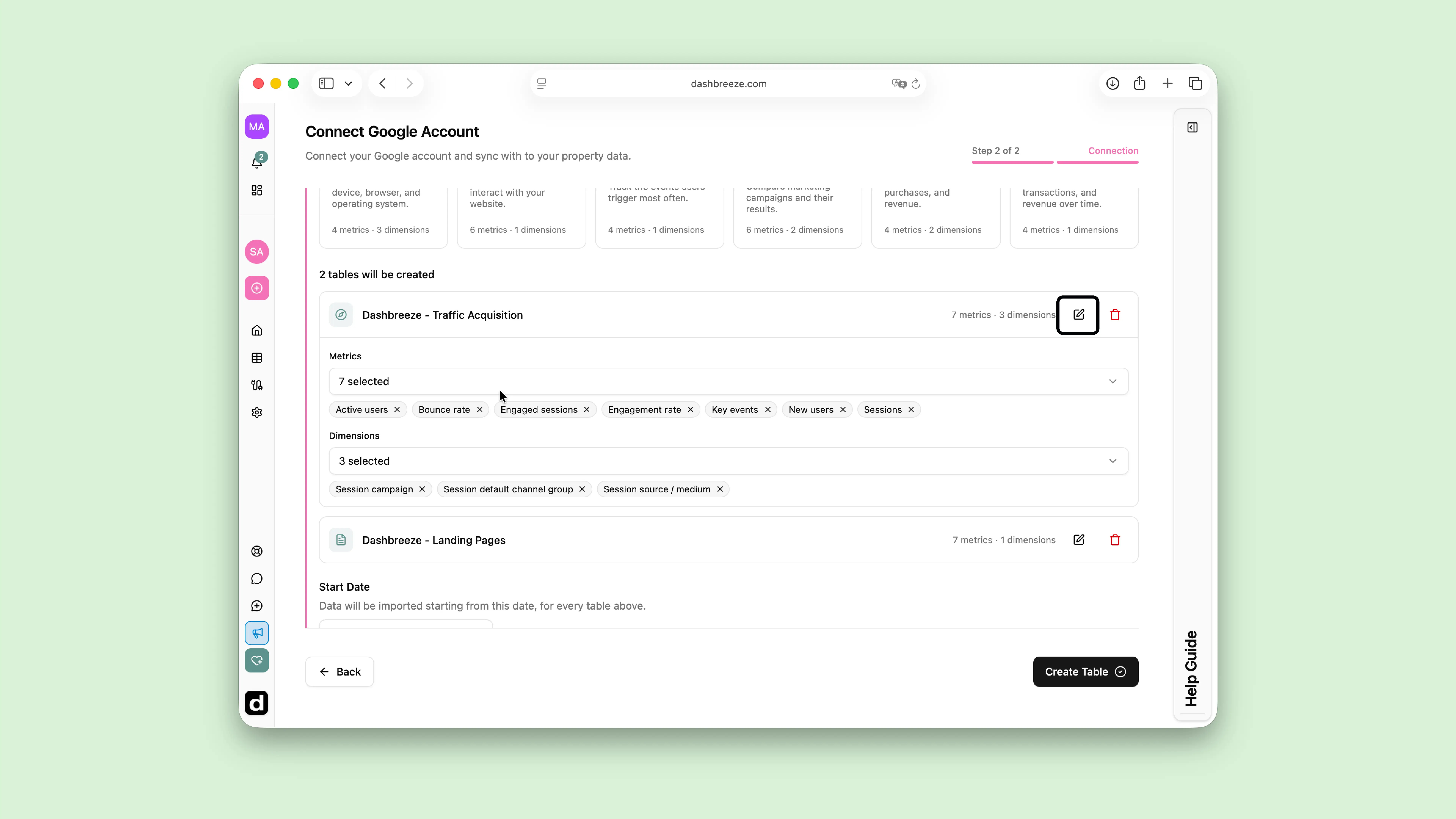 Dashbreeze report selection screen showing Google Analytics report presets, custom report options, and metric and dimension selectors.