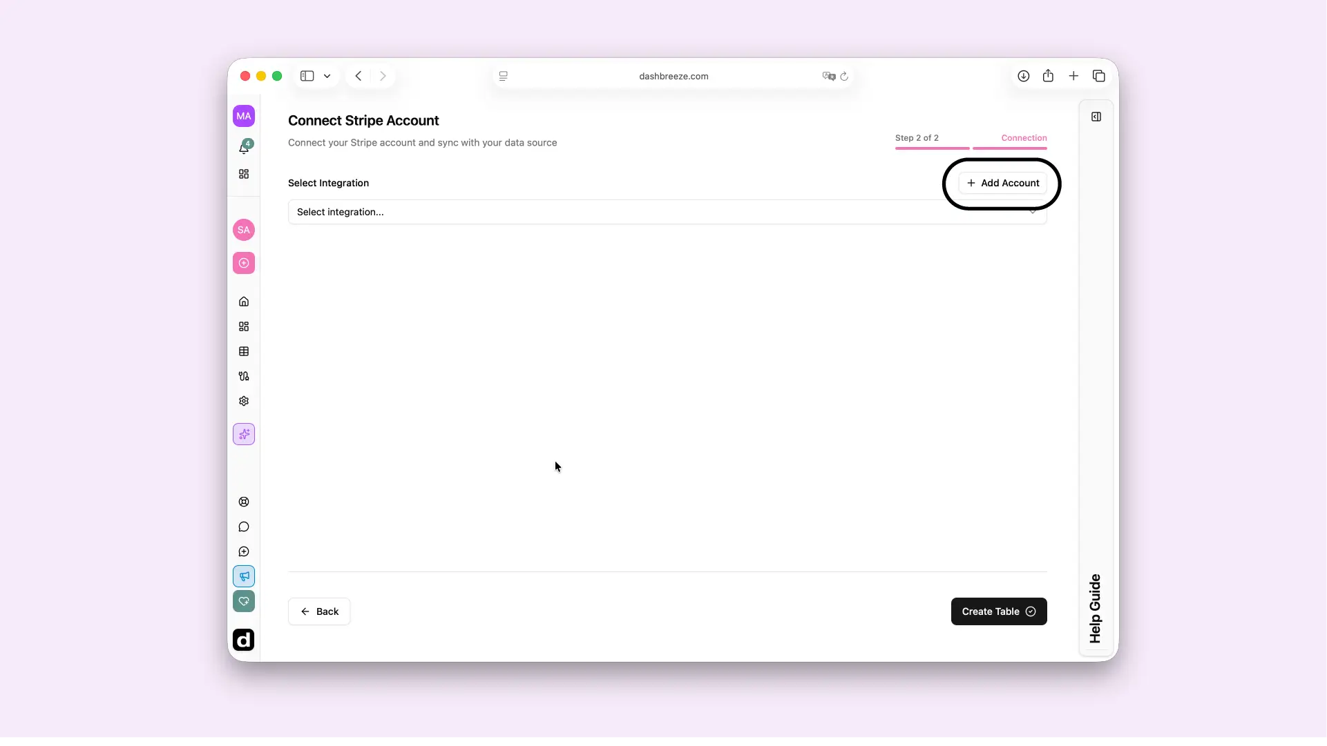 Dashbreeze screen for creating a Stripe integration and connecting your account.
