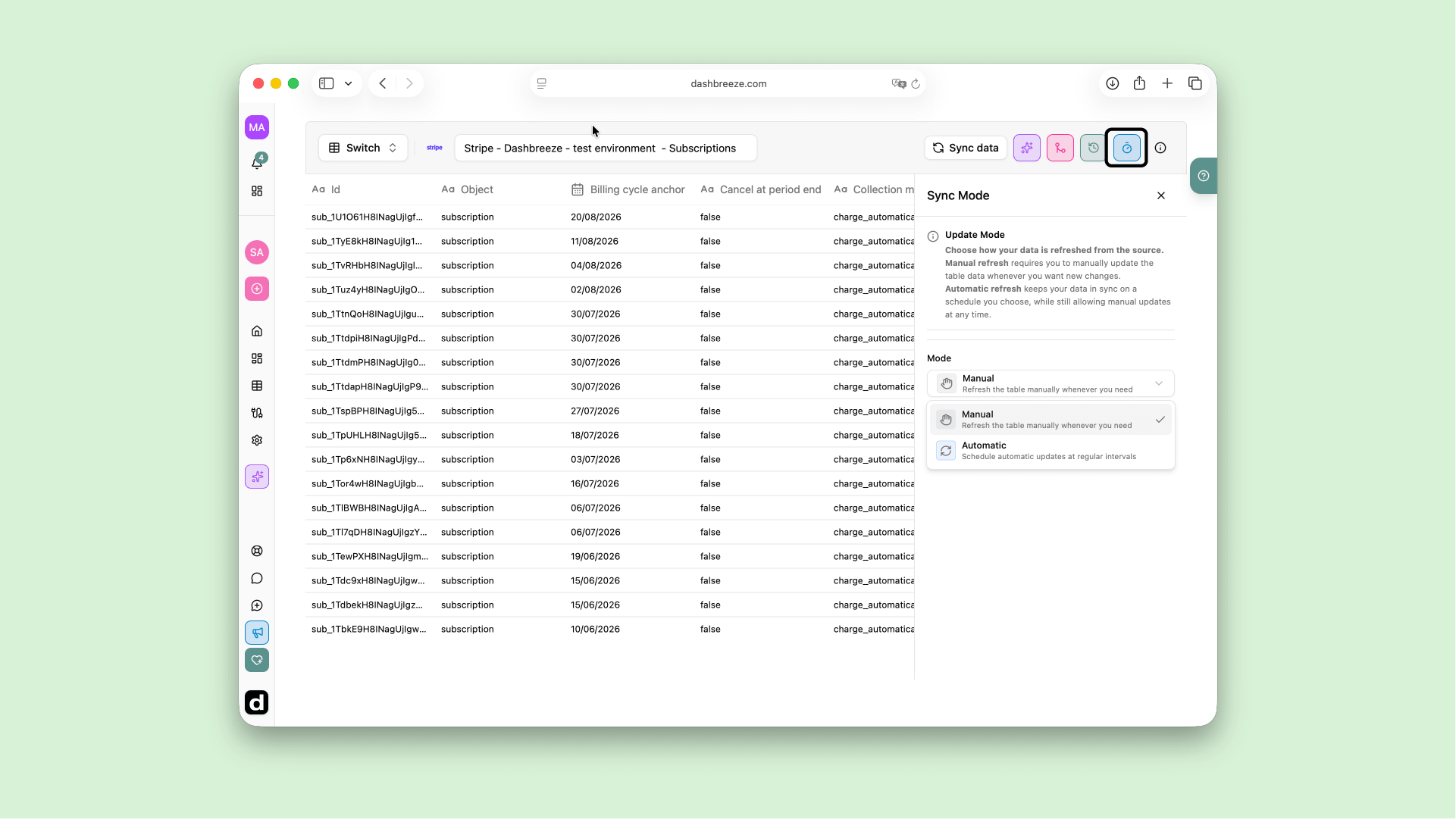 Dashbreeze Stripe table settings showing manual sync and automatic update options.