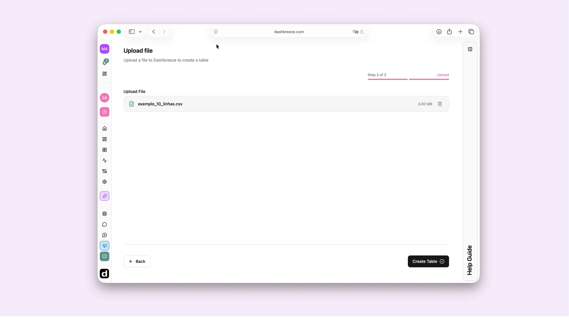 Dashbreeze file upload screen for choosing a CSV, JSON, or Parquet file.