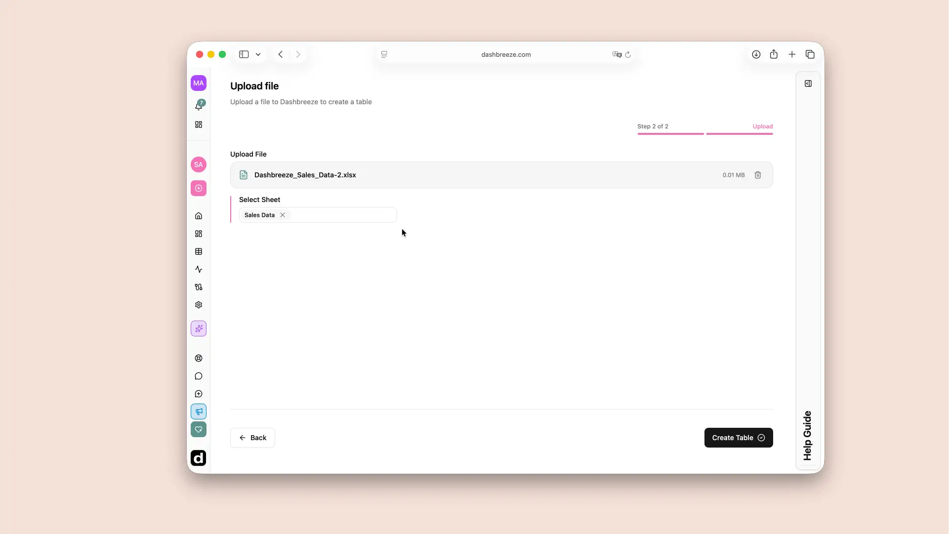 Dashbreeze Excel upload screen for choosing worksheets to turn into tables.