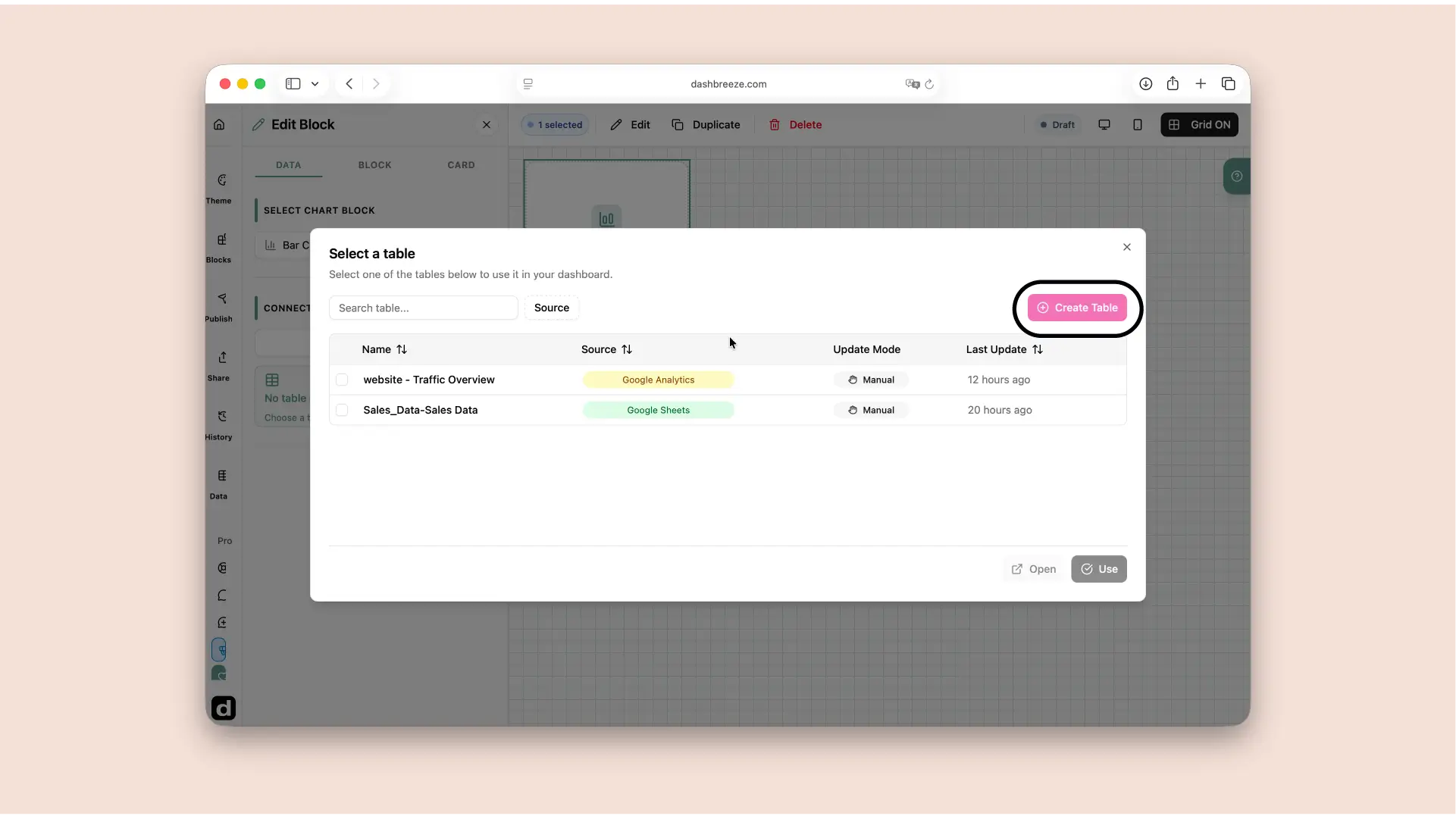 Dashbreeze table creation screen showing the option to create a new table from a selected data source.
