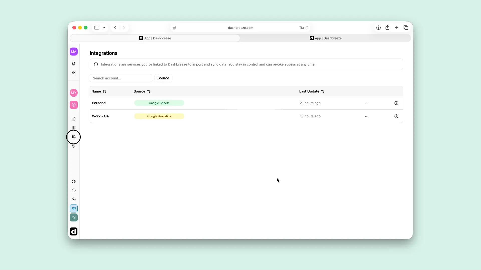 Dashbreeze integrations page showing connected data sources that can be managed from the workspace sidebar.