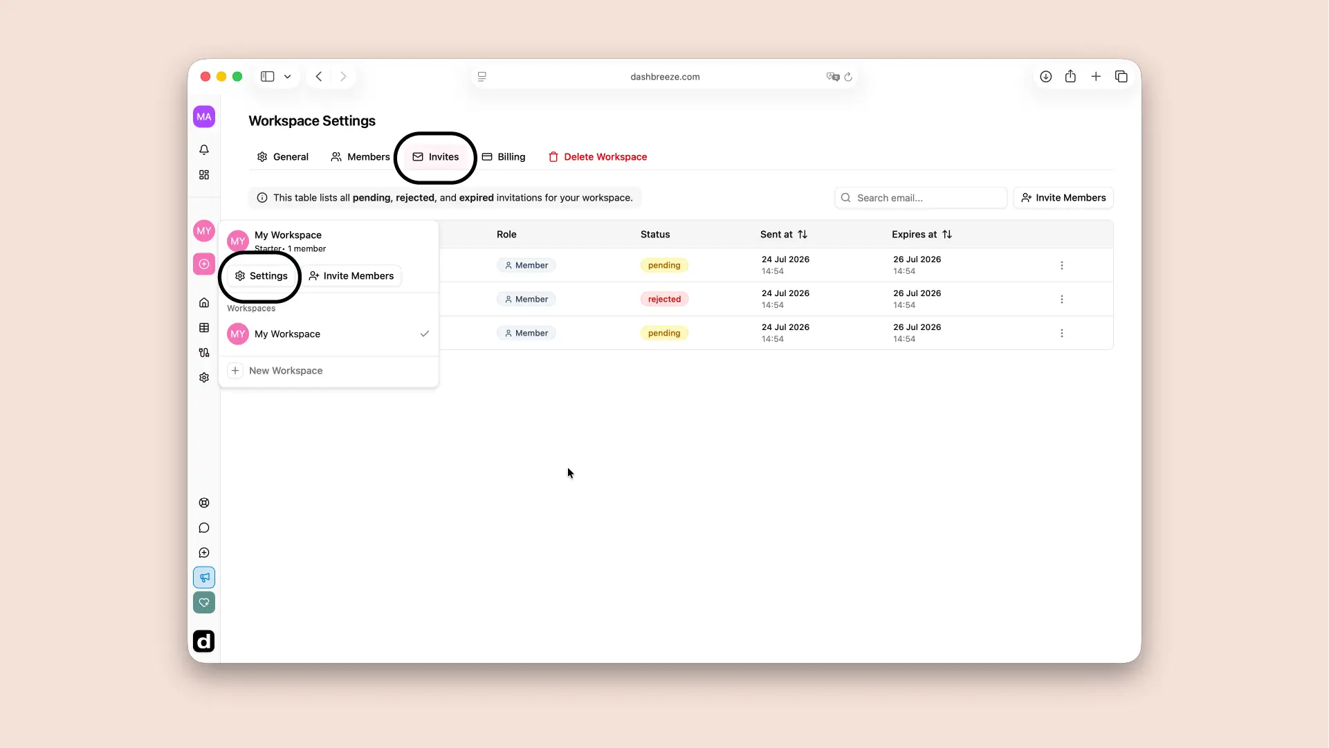 Dashbreeze share panel showing options to share a dashboard using a public link, protected link, email invitations, or an embed code.
