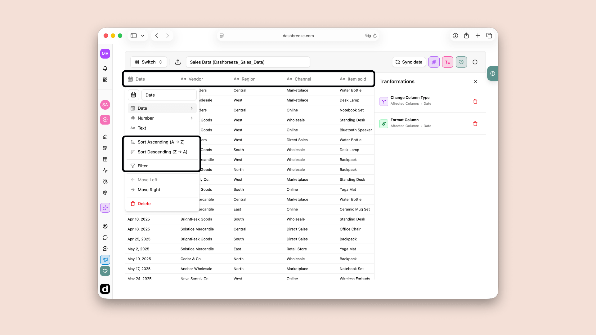 Dashbreeze table editor with a column menu open, showing Sort Ascending, Sort Descending, and Filter options.