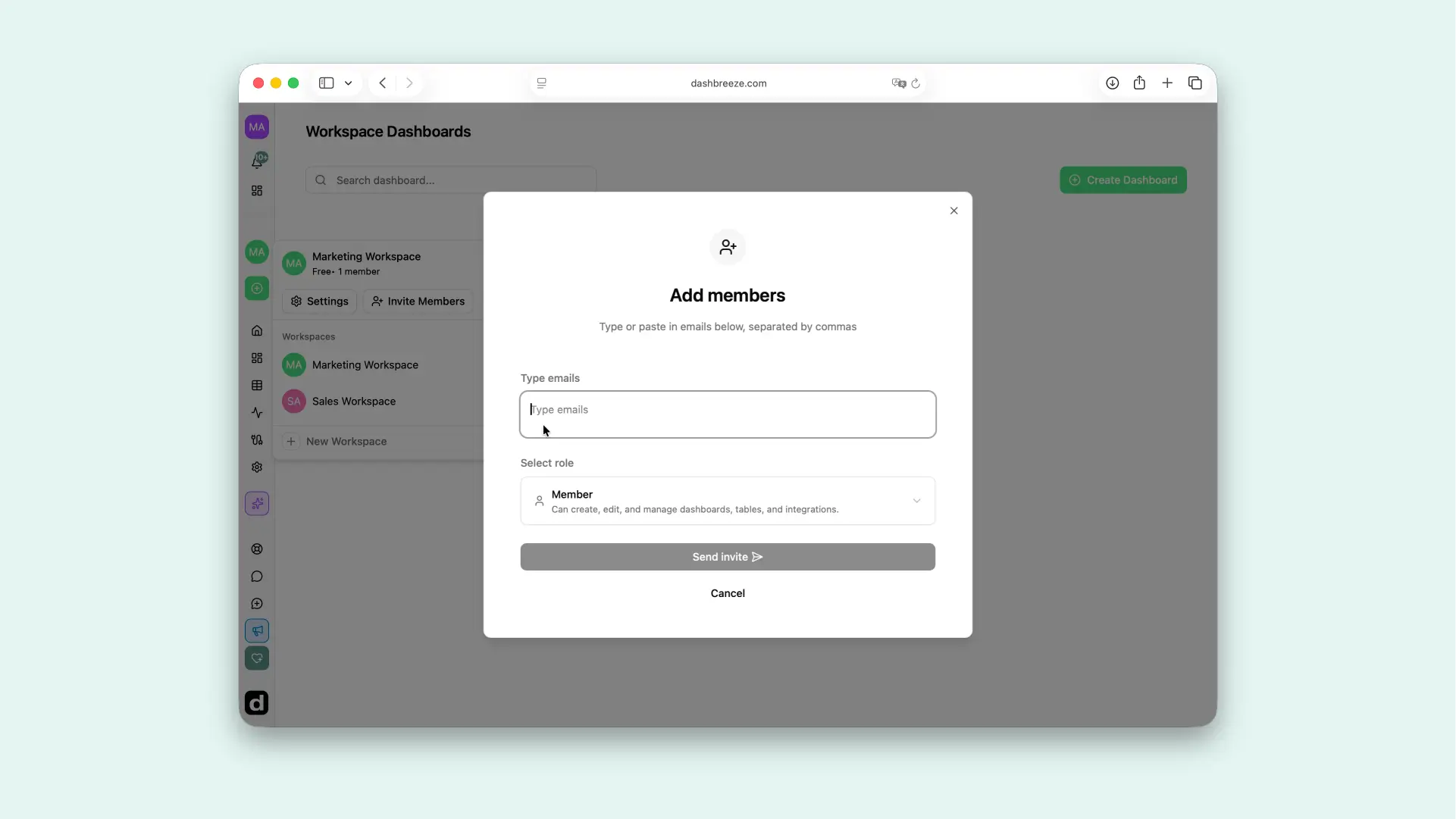 Add members dialog with an email field, a Member role selected, and the Send invite button.