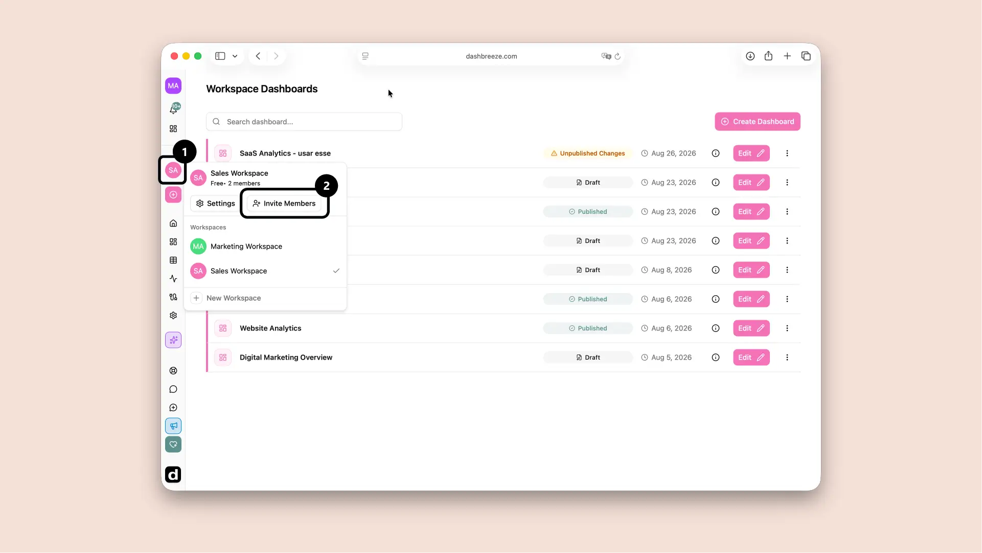 Workspace selector open in the left sidebar with Invite Members highlighted.