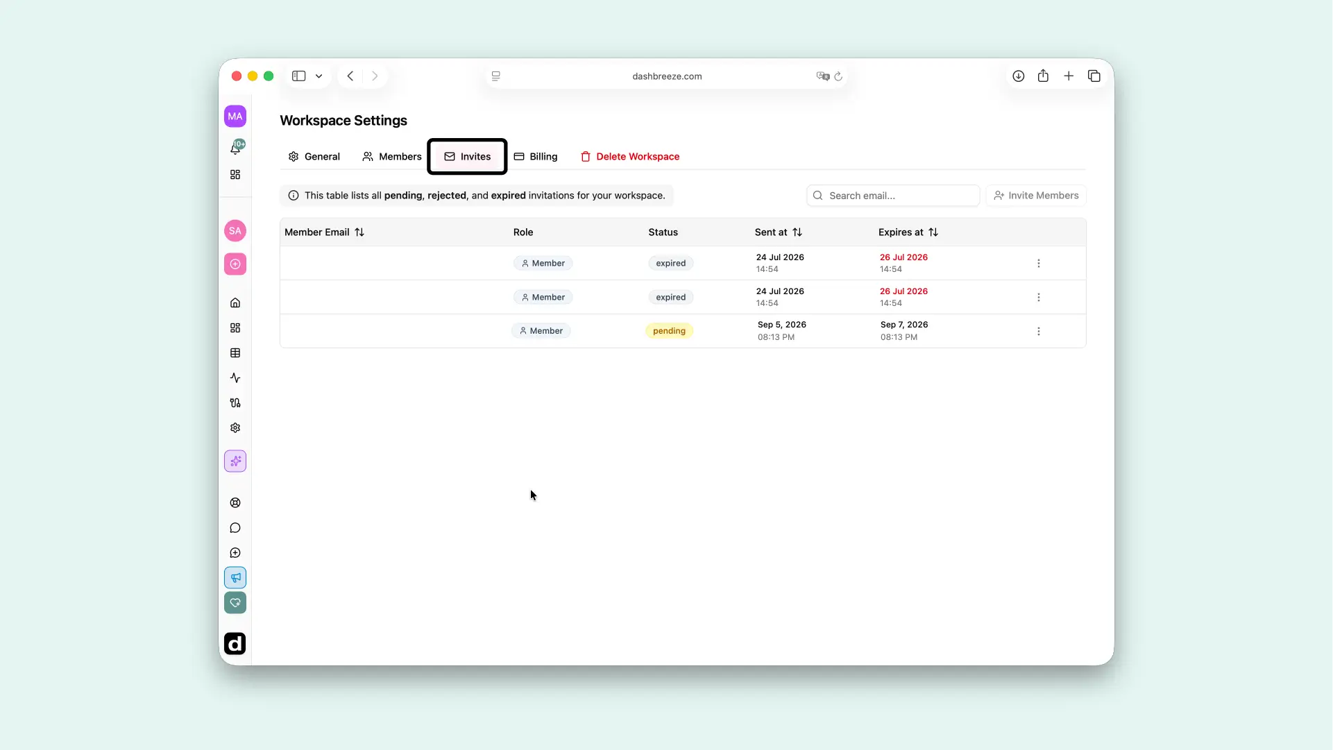 Workspace Settings Invites tab listing pending and expired invitations with their role, sent date, and expiration date.