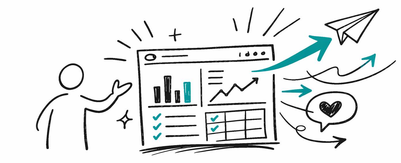 Illustration of a person presenting and sharing a Dashbreeze dashboard, a dashboard builder for creating and collaborating on business dashboards with charts and KPIs