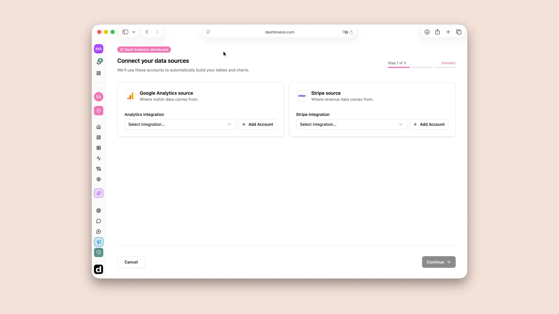 SaaS Analytics connection step with Google Analytics and Stripe source cards, integration selectors, and Add Account buttons.