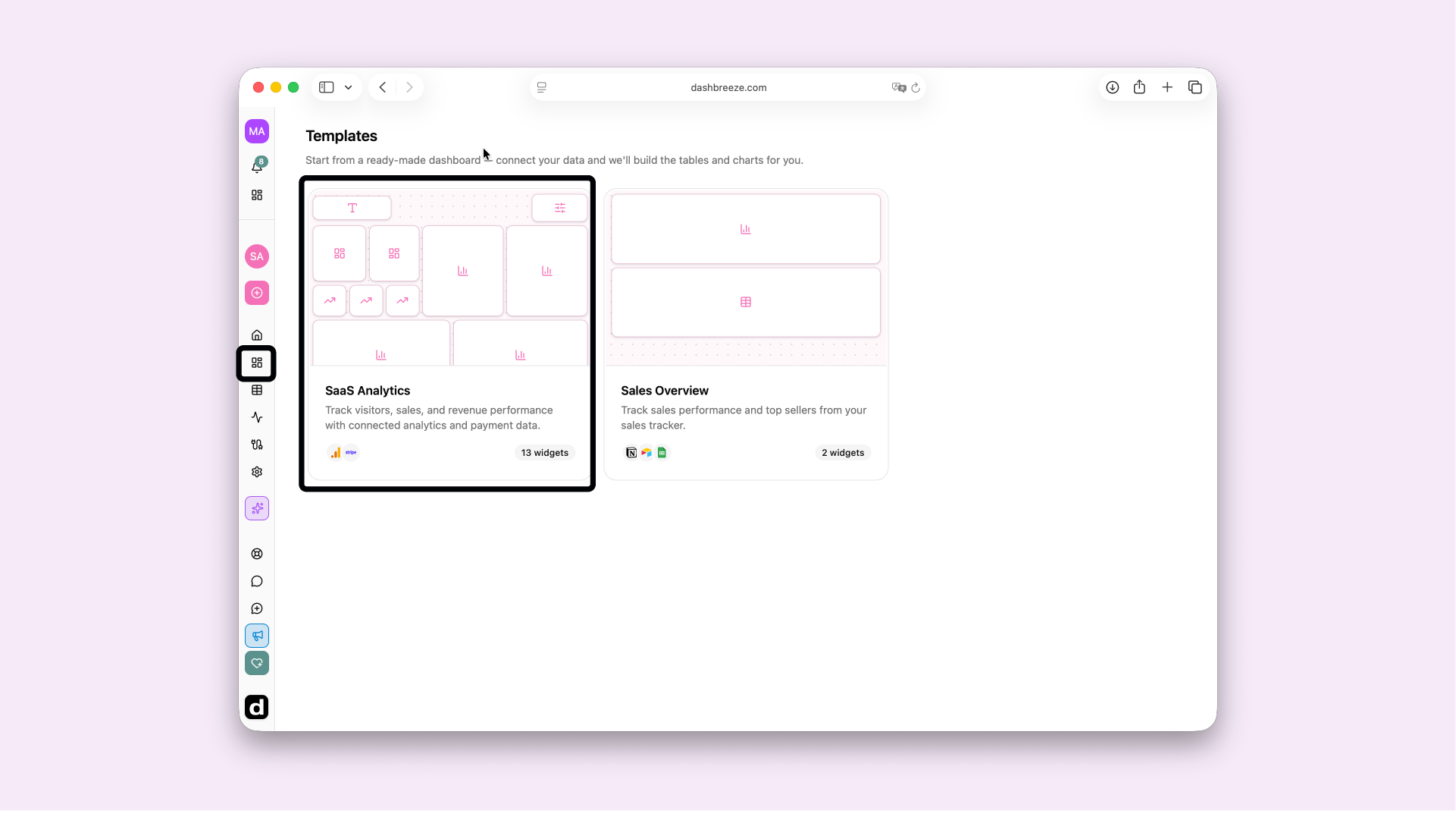 Dashbreeze Templates page with the SaaS Analytics template card highlighted next to the Sales Overview template.