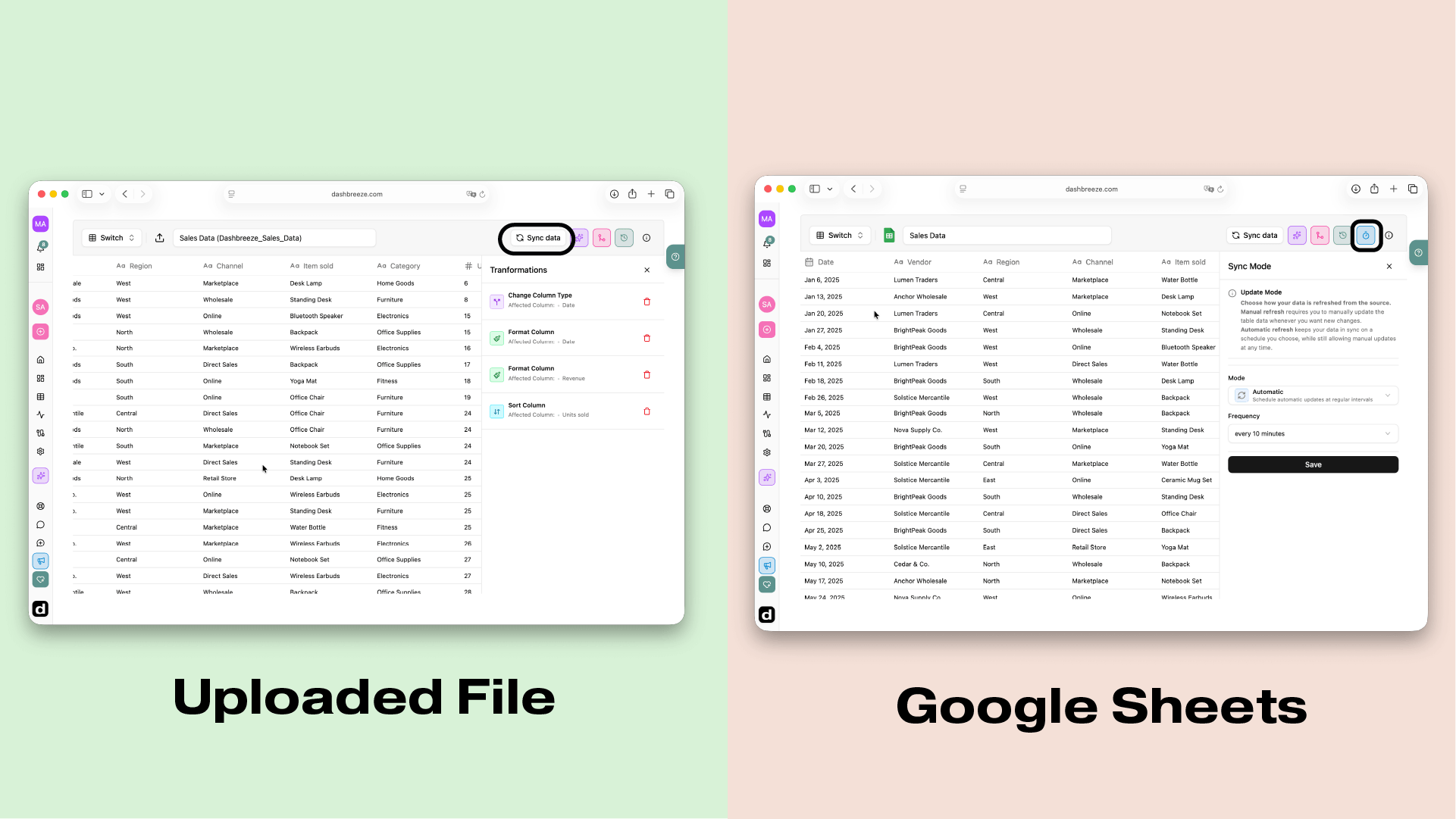 Side-by-side Dashbreeze update options showing manual file replacement for uploaded spreadsheets and manual or automatic synchronization for Google Sheets.